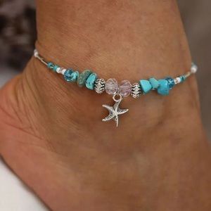 Turquoise Silver Starfish Bead Ankle Bracelet